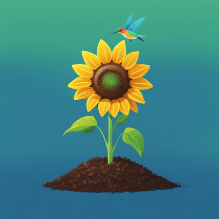 A colorful sunflower with a hummingbird hovering above itの素材