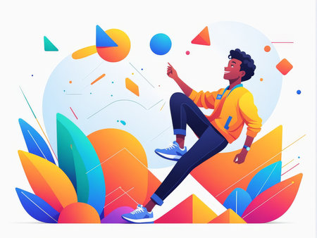 A person in a lively pose amidst colorful geometric shapes and digital elementsの素材
