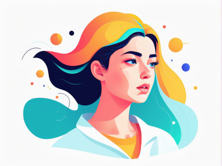 A stylized illustration of a person with flowing hair and bright clothing against an abstract backgroundの素材