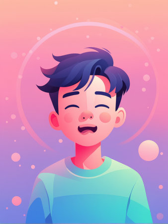 A joyful animated figure with a pink and purple backgroundの素材