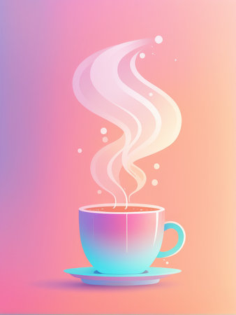 A colorful illustration of a steaming cup of coffee on a pink gradient backgroundの素材