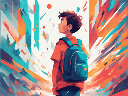 A child with a backpack stands amidst abstract colorful shards of light and shadowの素材
