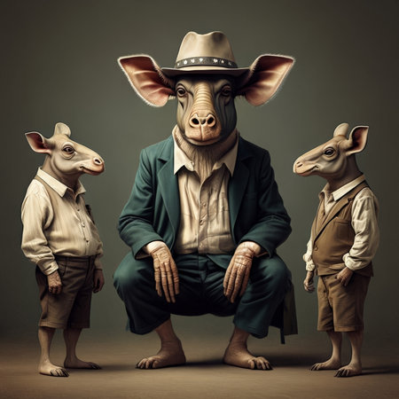 A surreal portrayal of anthropomorphic pigs in human attireの素材