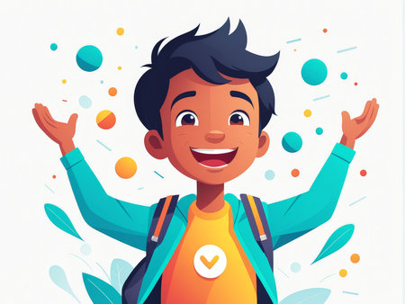 A joyful child with arms raised in a colorful celebrationの素材