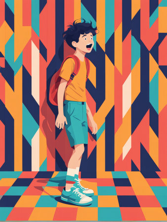 A young boy with an excited expression stands against a colorful geometric backgroundの素材