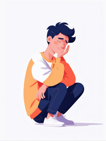 A sad young man sitting and reflecting in a minimalistic illustrationの素材