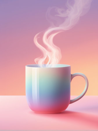 A gradientcolored mug emitting steam against a pastel pink backgroundの素材