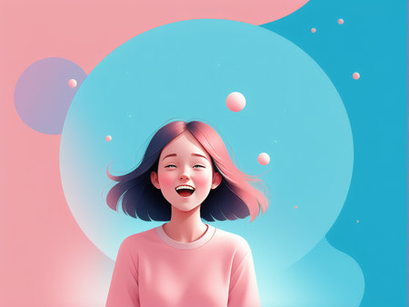 Beautiful young woman with long hair in a pink sweater on a blue background. Vector illustration.の素材