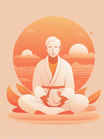 A meditative figure amidst natures beauty at sunsetの素材