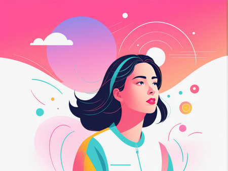 A stylized illustration of a woman with angelic wings against a bright pink and purple skyの素材