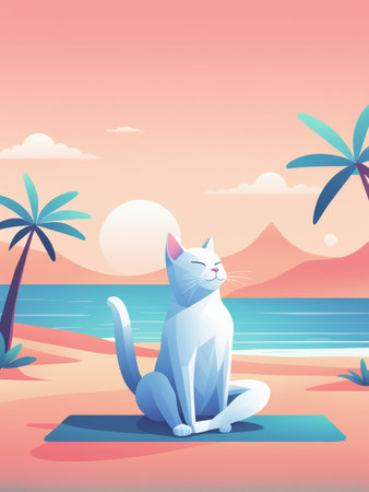 A serene cat meditating by the beach during sunsetの素材