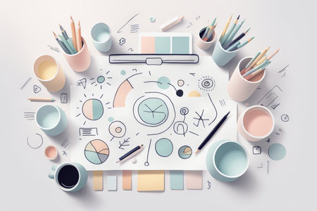 A modern workspace with various stationery and design elements on a white backgroundの素材