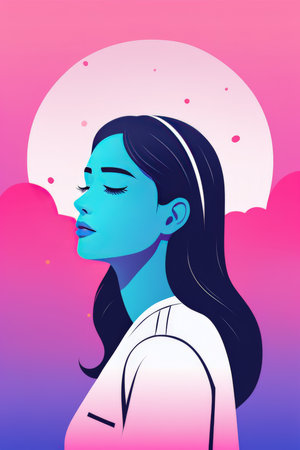 Abstract stylized profile of a woman with pink and blue color tones against a colorful backgroundの素材