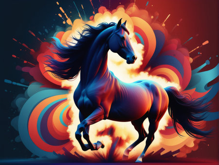 A dynamic depiction of a horse with fiery burst colors representing power and energyの素材