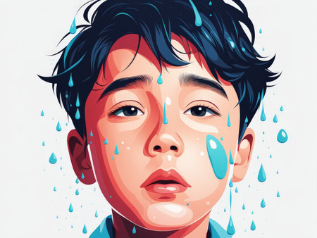 Digital illustration of a person with blue droplets on their face and bodyの素材