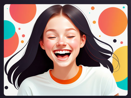 A joyful young girl laughing amidst colorful circlesの素材