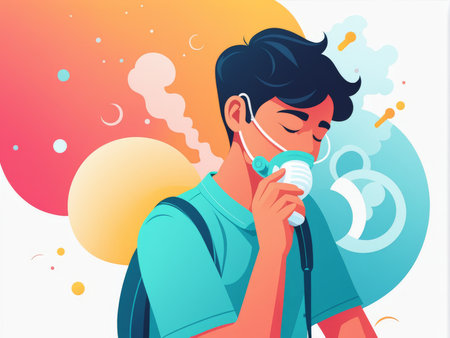 A person using a nebulizer to manage breathing issuesの素材