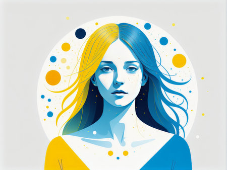 A digital illustration of a woman with dual hair colors symbolizing mental duality or balanceの素材