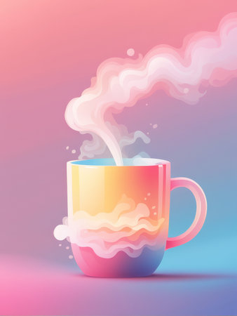 A stylized illustration of a coffee mug with gradient colors emitting steamの素材