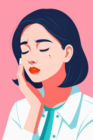 An illustration of a woman appearing sad or tired with pink backgroundの素材