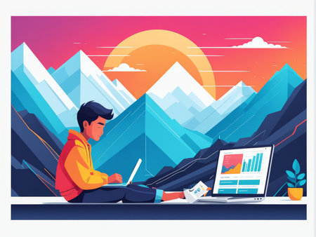 A young man working outdoors with a laptop amidst beautiful mountains during sunsetの素材