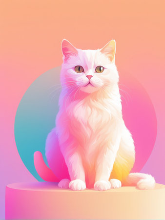 A whimsical illustration of a cat with radiant fur in pastel hues against a gradient backdropの素材