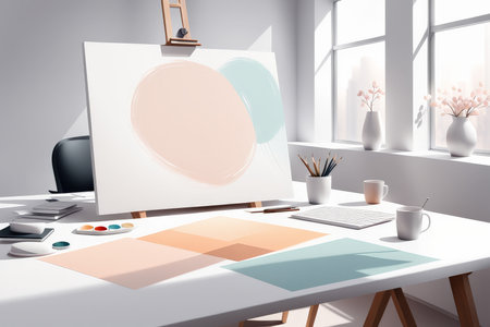 A serene art studio with a painting in progress and various artistic suppliesの素材