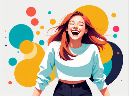 A cheerful woman with flowing red hair amidst a colorful abstract backgroundの素材