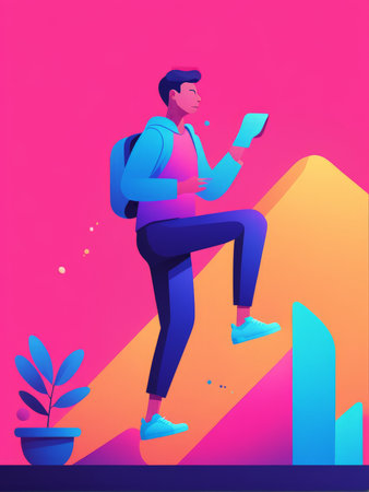 A young person with a backpack and sneakers ascending an abstract upward slope while using their phoneの素材