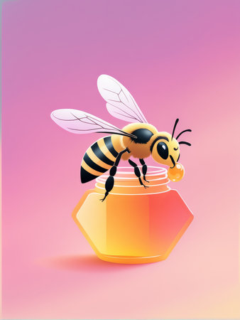 A stylized illustration of a bee with honey from an hexagonal jar on a pink backgroundの素材