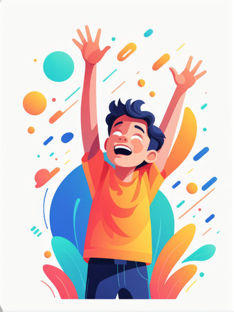 A person in midcelebration amidst a splash of colorful paintの素材