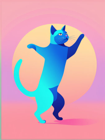 A whimsical blue cat dancing against a pastelcolored background with geometric shapesの素材