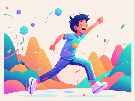 A joyful depiction of a boy running in colorful surroundingsの素材