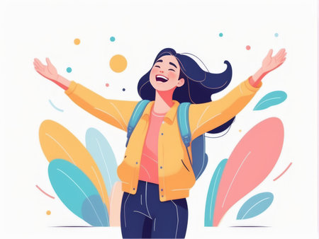 A joyful woman with arms outstretched celebrating in a colorful environmentの素材