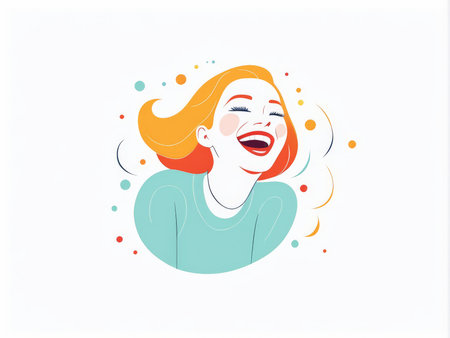 An animated depiction of a joyful woman with colorful hair and circles around her headの素材