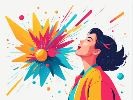 An animated woman enjoying a burst of colorful powder celebrationの素材