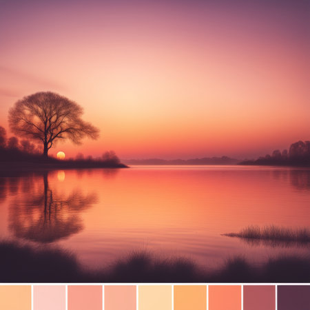 A tranquil riverside scene at sunset with a solitary tree reflecting in calm watersの素材