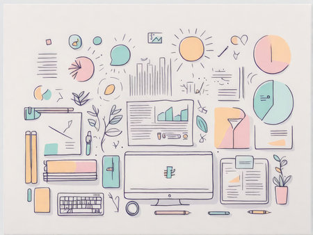 A modern workspace depicted with various tools and visual aids for productivityの素材