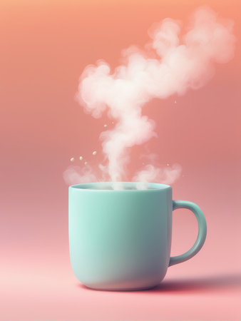 A soothing scene of hot beverage in blue mug emitting steam against a soft pink backdropの素材
