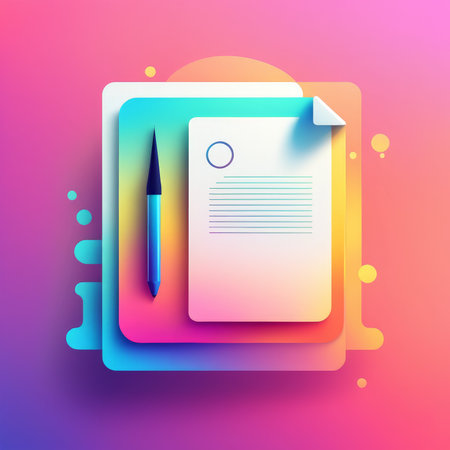 A modern illustration of a document and pen on colorful overlapping squaresの素材