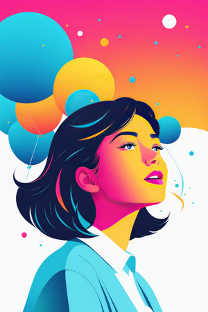 A woman with dark hair and bright colors looking upwards amidst floating balloonsの素材