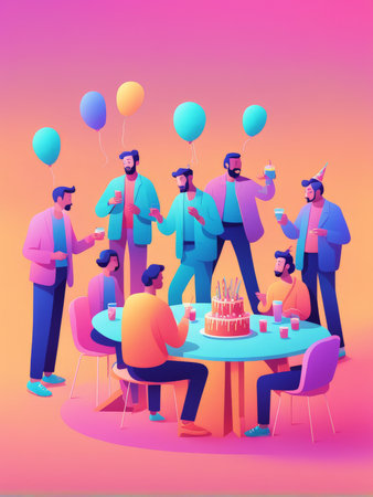 A colorful birthday celebration among a group of diverse individualsの素材