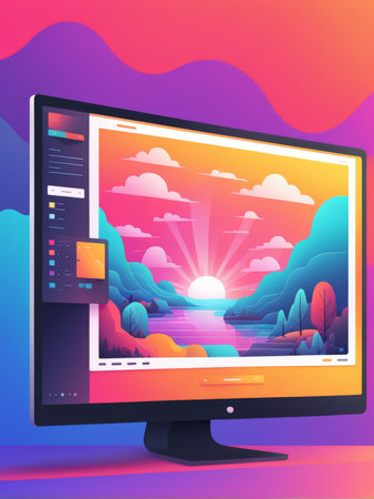 A digital artwork displayed on a computer screen featuring a colorful sunset landscapeの素材