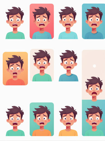 A series of colorful character expressions depicting different emotions in animated art styleの素材