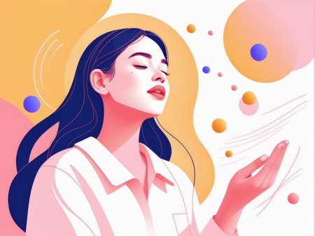 A serene woman relaxing amidst vibrant abstract shapesの素材