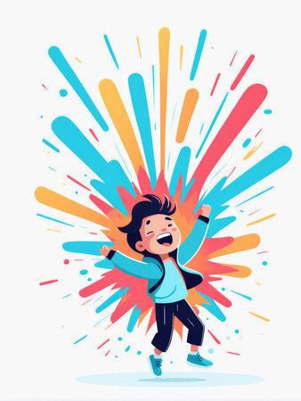 A joyful individual amidst a burst of colorful paint strokesの素材