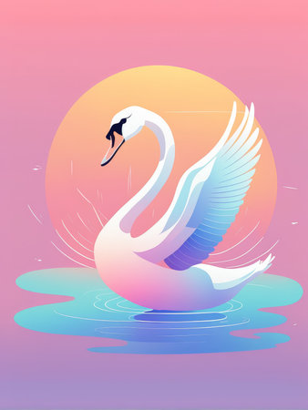 A serene digital illustration of a swan floating in water during sunsetの素材