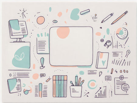 A colorful illustration of various office and creative tools symbolizing productivityの素材