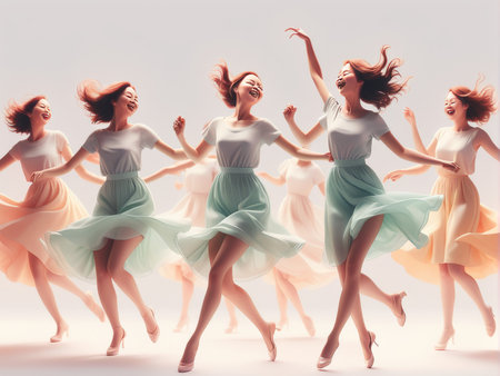 group of beautiful women dancing in motionの素材