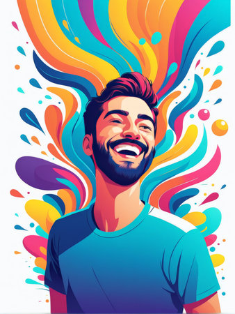 vector illustration of a man in blue t - shirt and with colorful brush.の素材